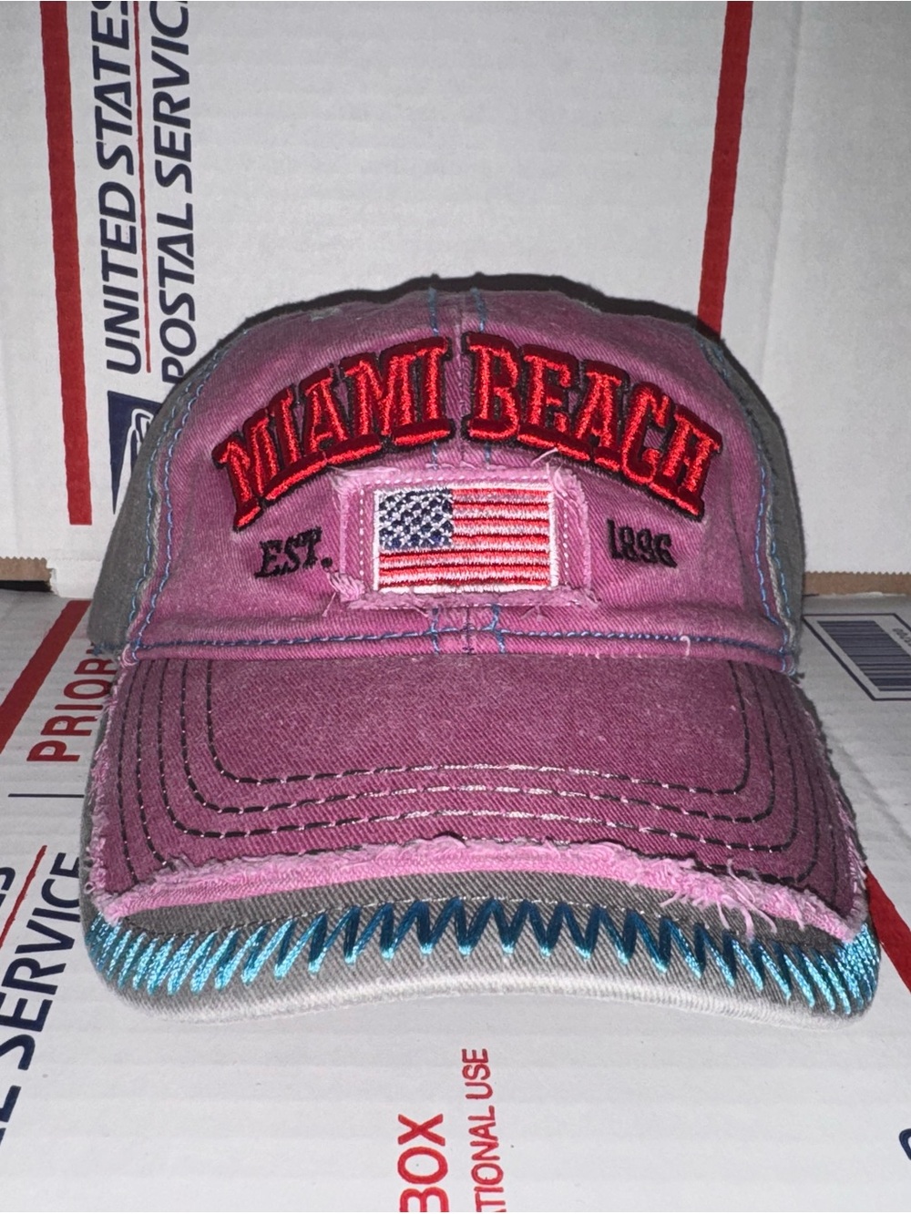 Miami Beach 🏖️ 🏝️ est. 1896 Pink Embroidered Cap with American Flag 🇺🇸 lucky 7
